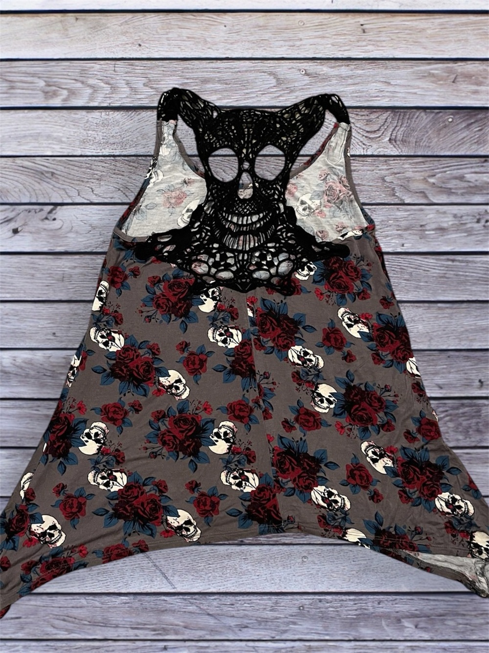 Midnight Hour Floral Skull Lace-Back Tank Top - Gray & Burgundy small - Picture 2 of 7